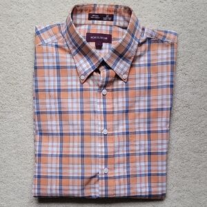 💗 NORDSTROM Short Sleeve SS Button Down Up Plaid Shirt Blue Orange White L
